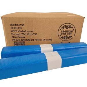 Afvalzakken 70x110cm, T30, Blauw (15 rollen á 20 stuks)